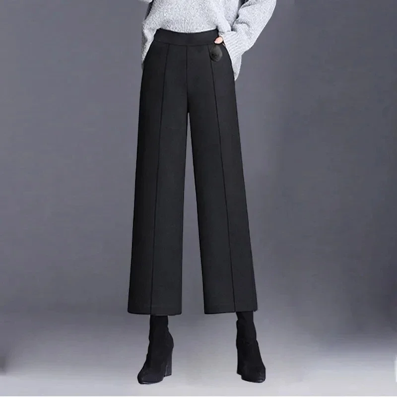 가을 겨울 정장 모직 넓은 다리 바지 여성 높은 허리 빅 사이즈 4xl 사무실 발목 길이 Pantalones 헐렁한 양모 혼합 바지