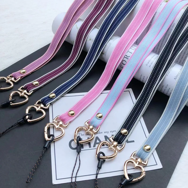

Mobile Phone Strap Charm Striped Lovely Heart Buckle Phone Lanyard Anti-lost Chain Hanging Neck Rope For Working Card Keychain