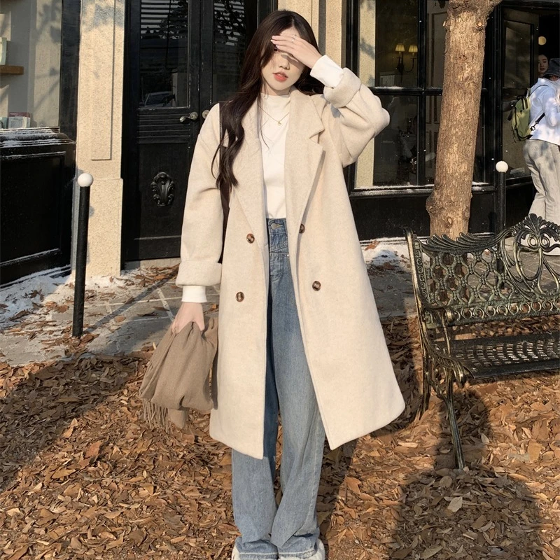 Thickened Blends Coats Women Mid-length Solid Color Long Sleeve Double Breasted Office Lady Versatile Daily Outerwear Female