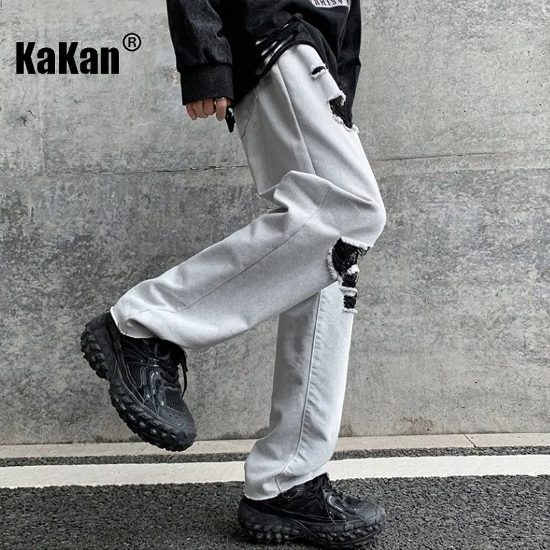 Kakan - European and American Spring and Summer New High Street Distressed Jeans Men's Wear, Straight Loose Casual Jeans24-M5808