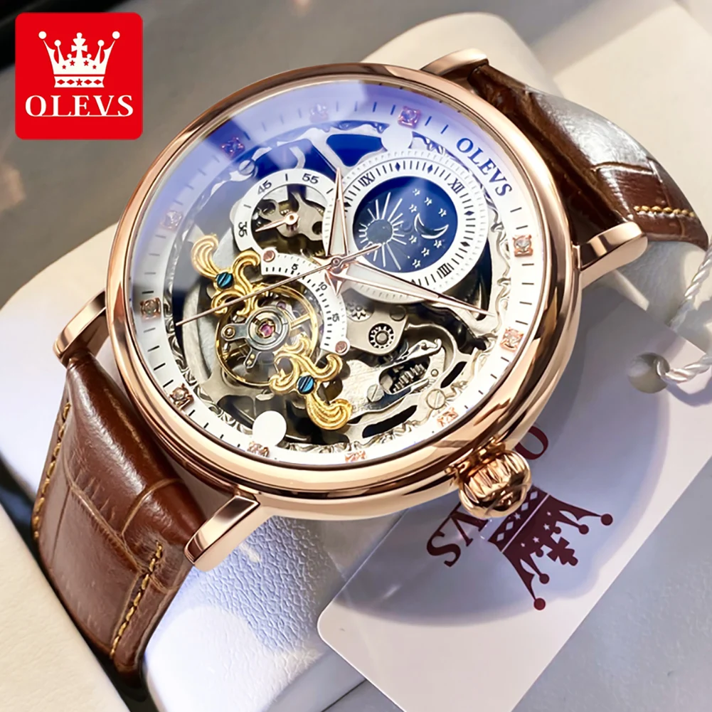 OLEVS Moon Phase Mechanical Watch Men with Dual Time Zone Display Waterproof Automatic Skeleton Mens Watches Top Brand Luxury