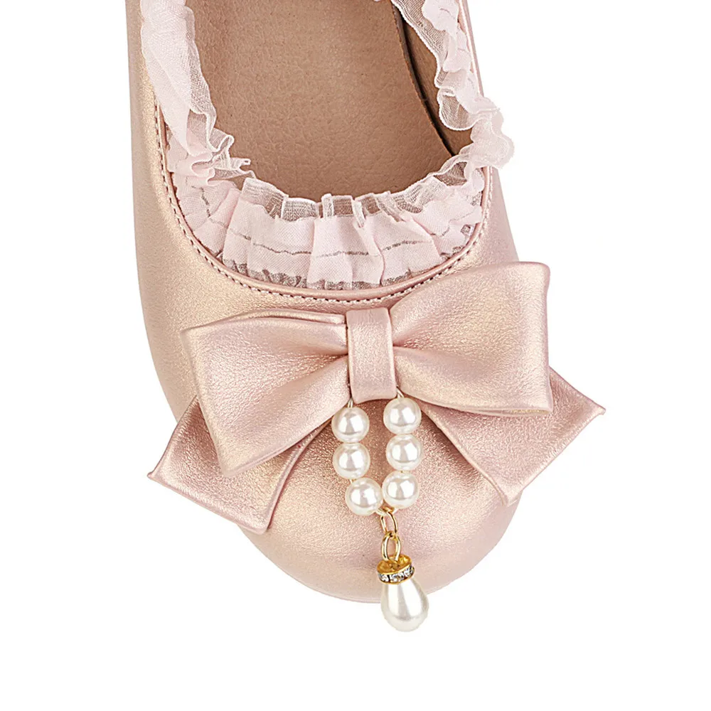 2023 Spring Autumn New Women Pumps Lolita Platform Block High Heels Pink Lace Mary Janes Bow Cosplay Ladies Party Shoes Beige