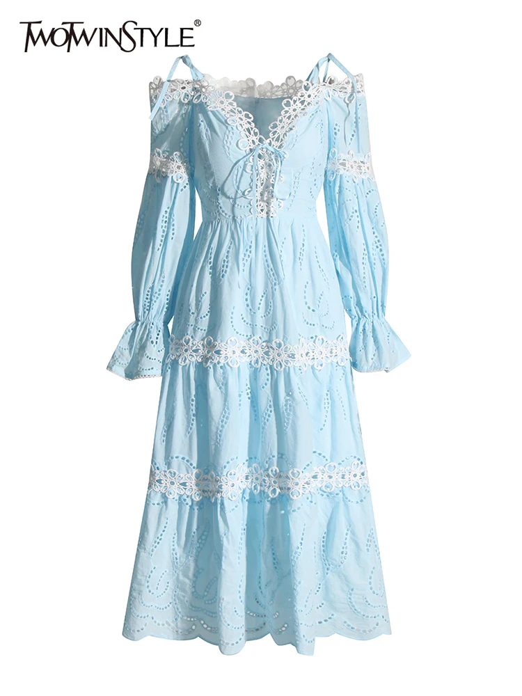 

TWOTWINSTYLE Patchwork Embroidery Dresses For Women V Neck Puff Sleeve High Waist Off Shoulder A Line Dress Female Fashion 2023