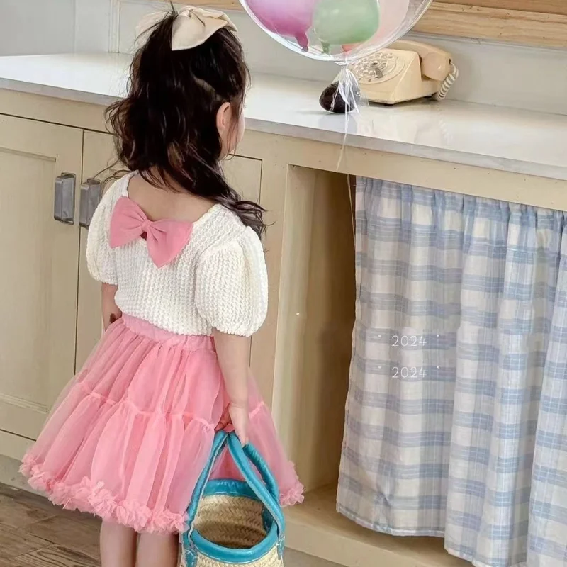

New Summer Girls A-line Skirt Crew Neck Spliced Bow Contrast Color Screw Thread Short Sleeve Fashion Slim Sweet Fairy Dress