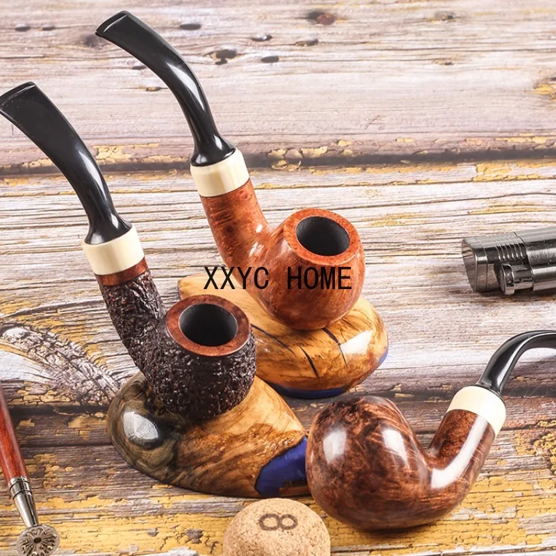 

Smoker Bent Type Smoking Pipes Briar Pipe Handmade With Copper Ring Design Classic Shape Fit 9mm Filters Gift Set Free Ship