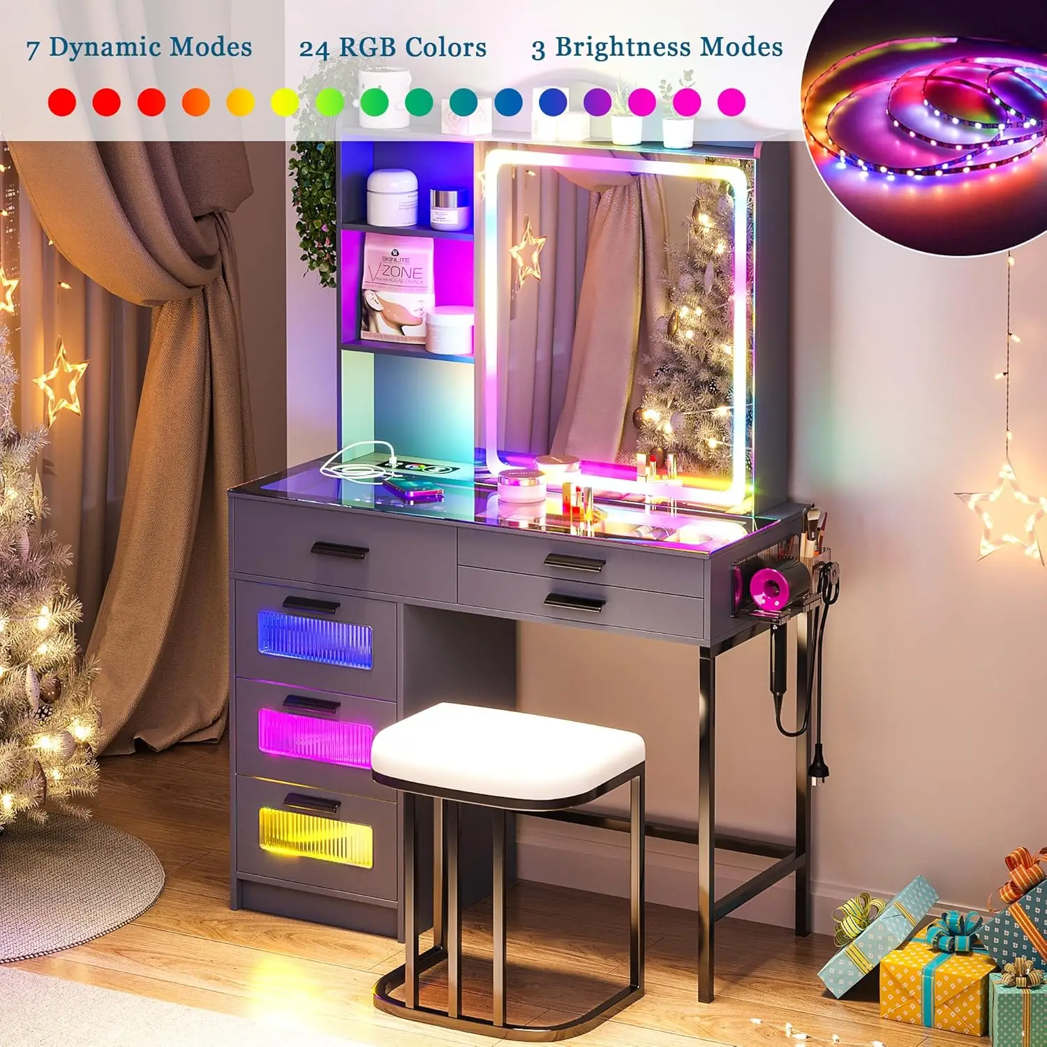 RGB Vanity Desk with Sliding Mirror and Lights, LED Makeup Vanity with Charging Station/Motion Sensor Light, Glass Top Vanities