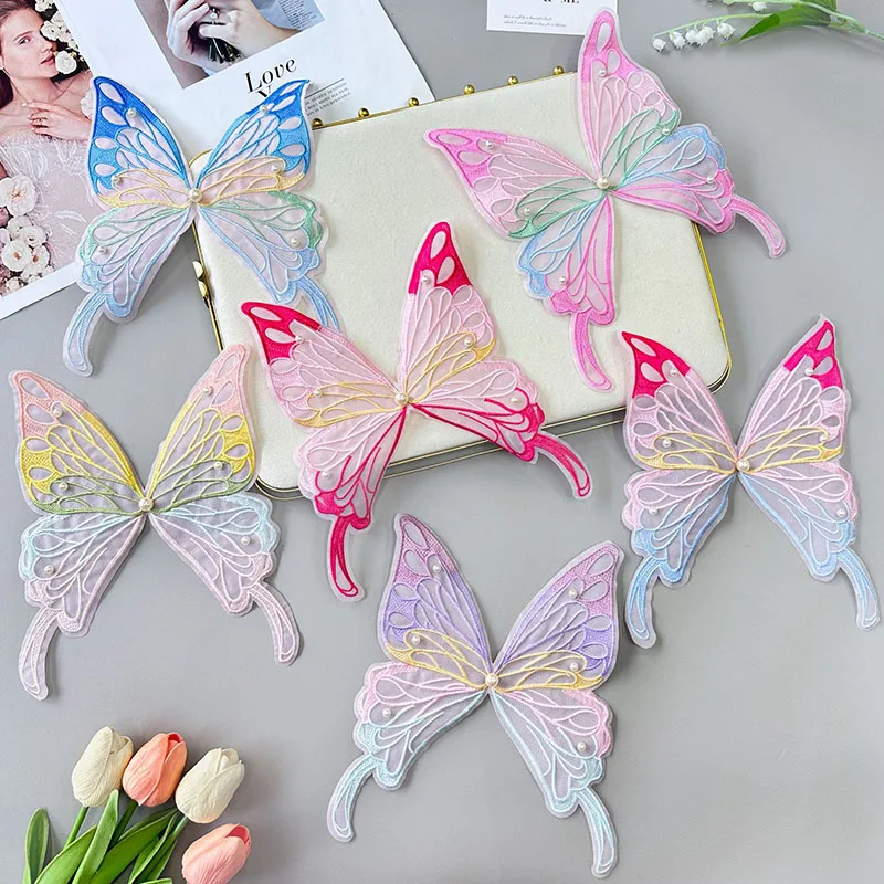 3D Embroidered Butterfly Appliques with Beads Handmade Butterfly Collar Organza Fabric DIY Sew on Wedding Dress Gown Patch