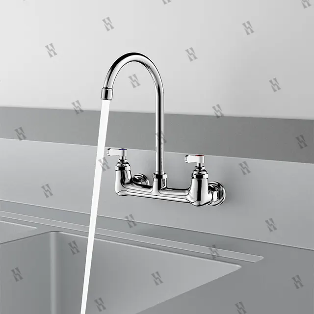 ก๊อกน้ําผสมติดผนังสองรู - ก๊อกน้ําอ่างล้างจานเชิงพาณิชย์ทองแดงพร้อมหัวฉีดสวิงและคอห่านหมุนสําหรับอ่างล้างหน้าในครัว 6