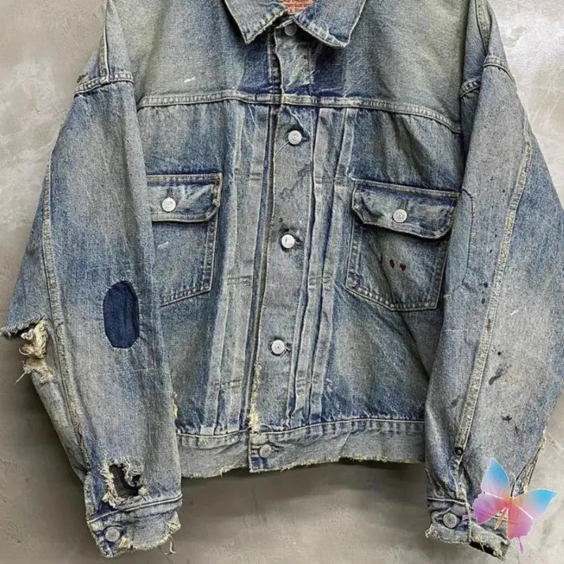 

High Street SAINT MICHAEL Jackets Blue Washed Distressed Denim Jacket Fashion Casual Vintage Hole Men Women Pocket Shirts