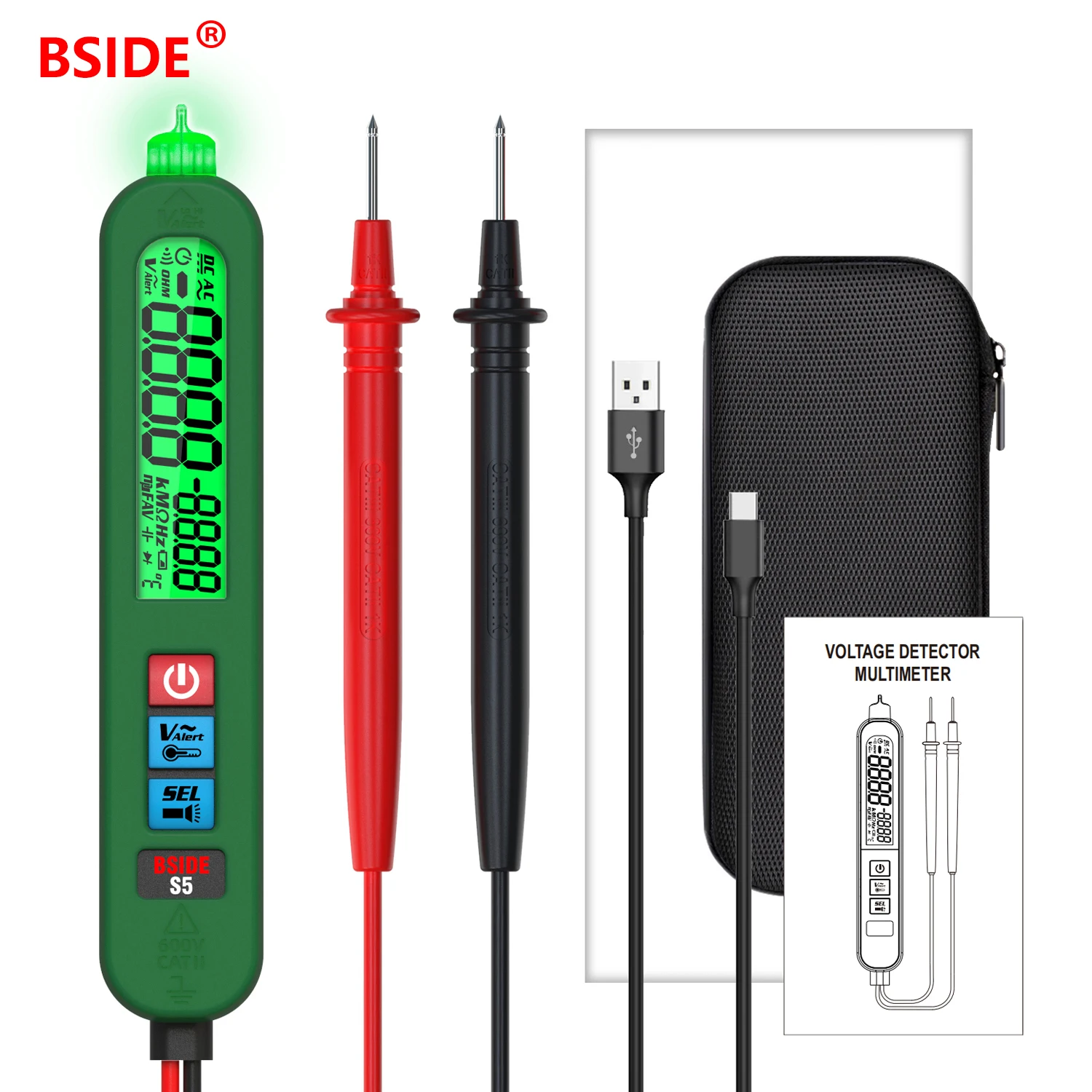 BSIDE USB Charge AC DC Smart Voltage Tester Auto Range Multimeter Digital T-RMS Resistance Diode Hz NCV Live Continuity Meter S5 image 7