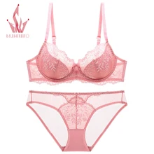 

Mulherelfo Sensual Lingerie Set Women Sexy See-Through Lace Padded Push Up Bralette Seamless Thin Bra Brief Kits Female Intimate