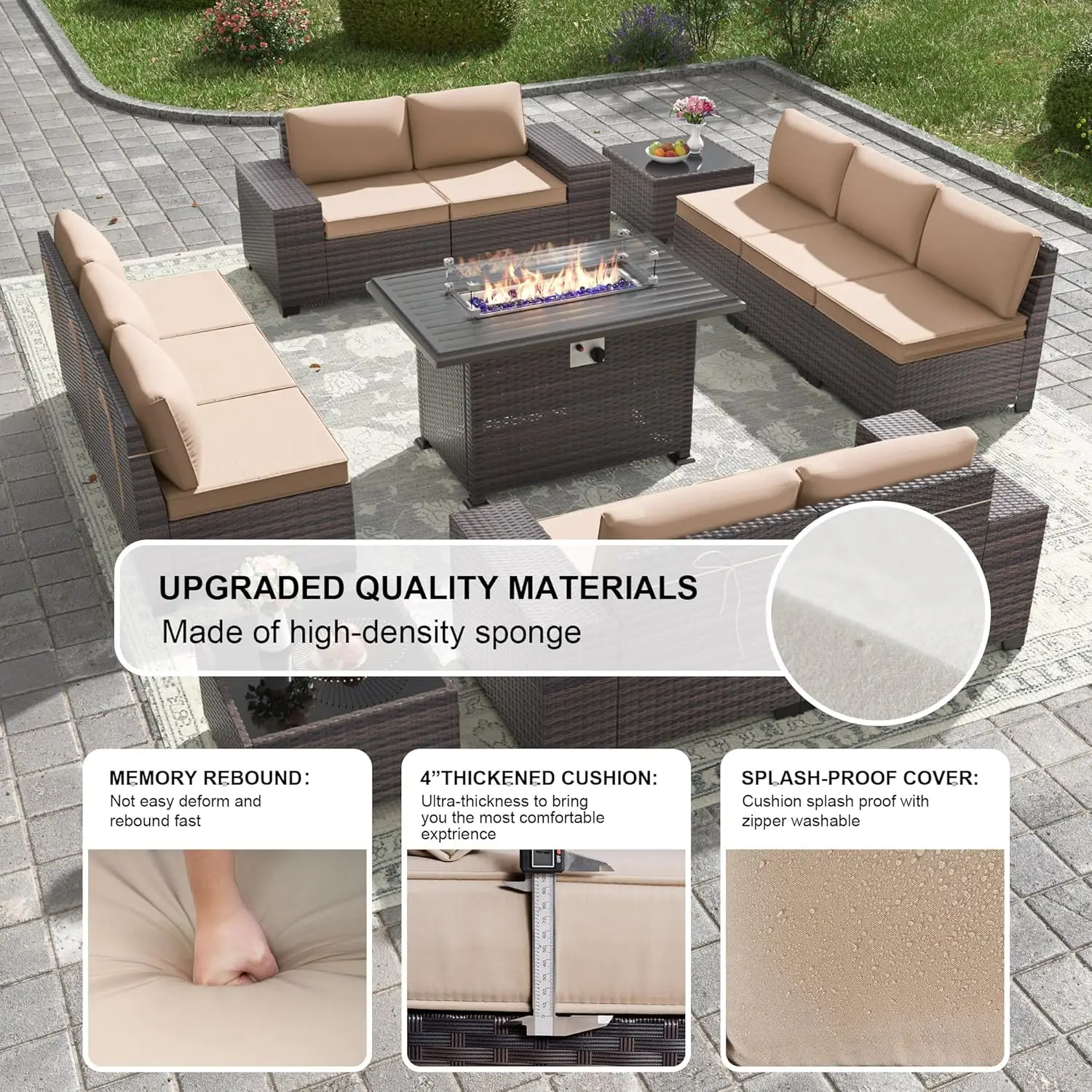 13 Pieces Outdoor Patio Furniture Set with 43" 55000BTU Gas Propane Fire Pit Table PE Wicker Rattan Sectional Sofa Patio