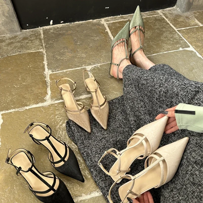 Women Sandal Fashion Pointed Toe Ladies Elegant Slingback Shoes Pointed Toe Thin Low Heel Mules
