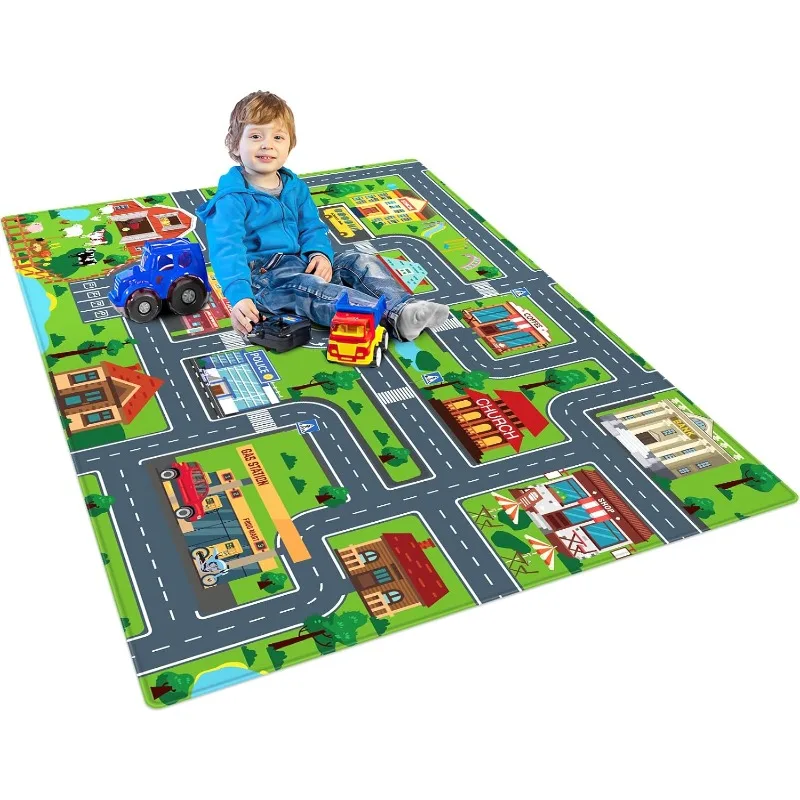 Tapis De Jeu Géant Pour Enfants Ville & Rivière - En Mousse EVA, Pour Voitures Et Jouets - Couleurs Vives