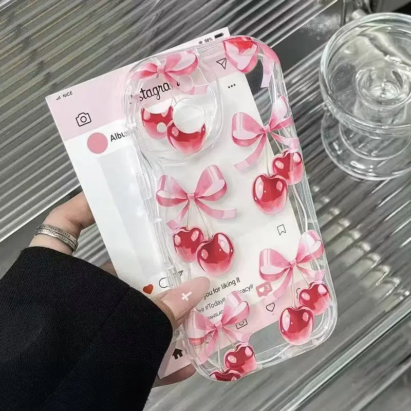 Pink Cherry Bow Wavy-Edge Phone Case Cover