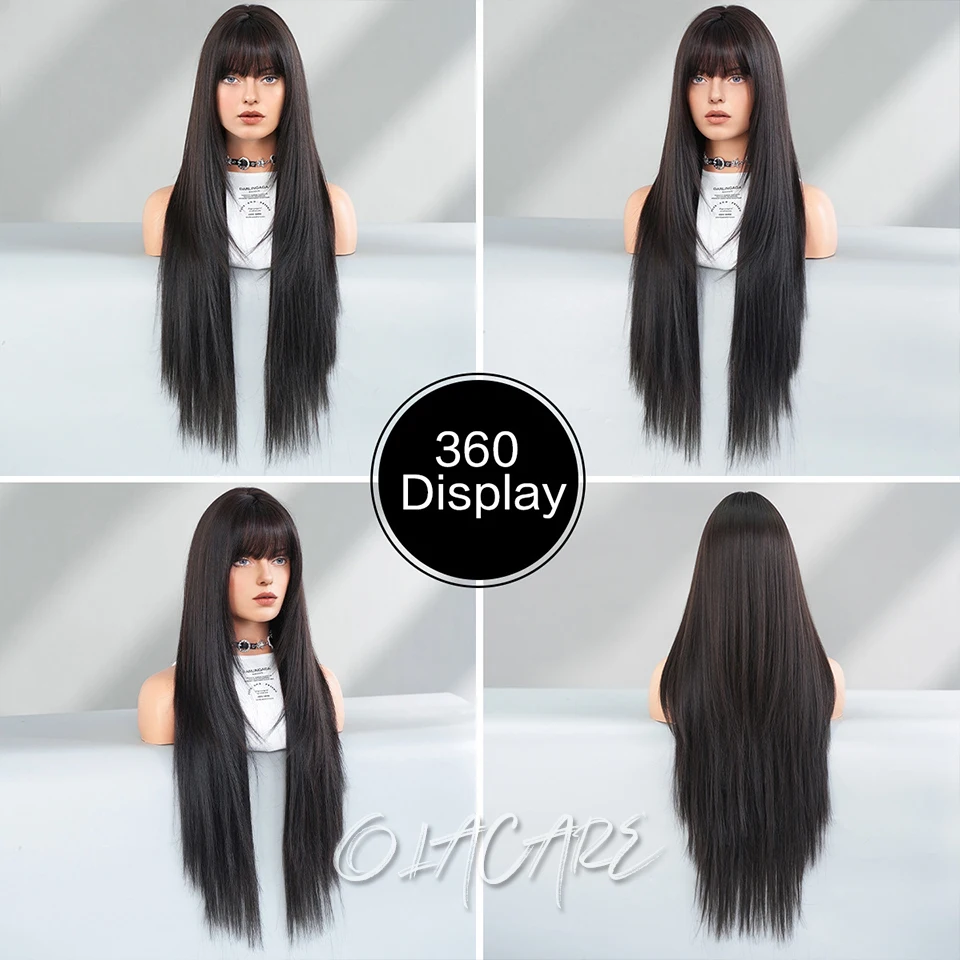 Black Synthetic Long Straight Wig with Bangs for Women