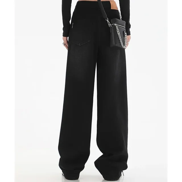 Femme taille haute coupe ajustée jambe large jean femme haute rue Y2k 2000s pantalons décontractés dame mode noir bleu pantalon en Denim ample 6
