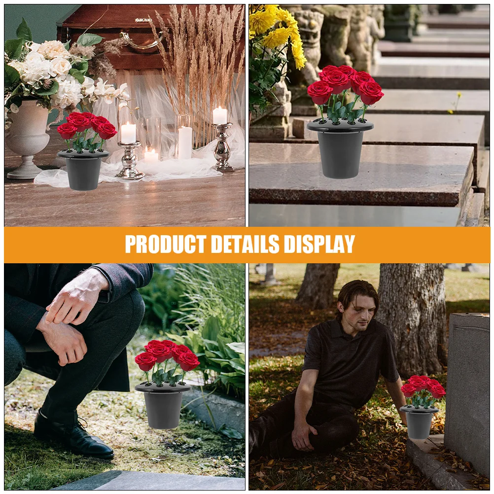 2 Pcs Black 16 Hole Lotus Base Flower Holders for Grave Memorials Dignified Cemetery Decorations Floral Vase Inserts Plastic 2