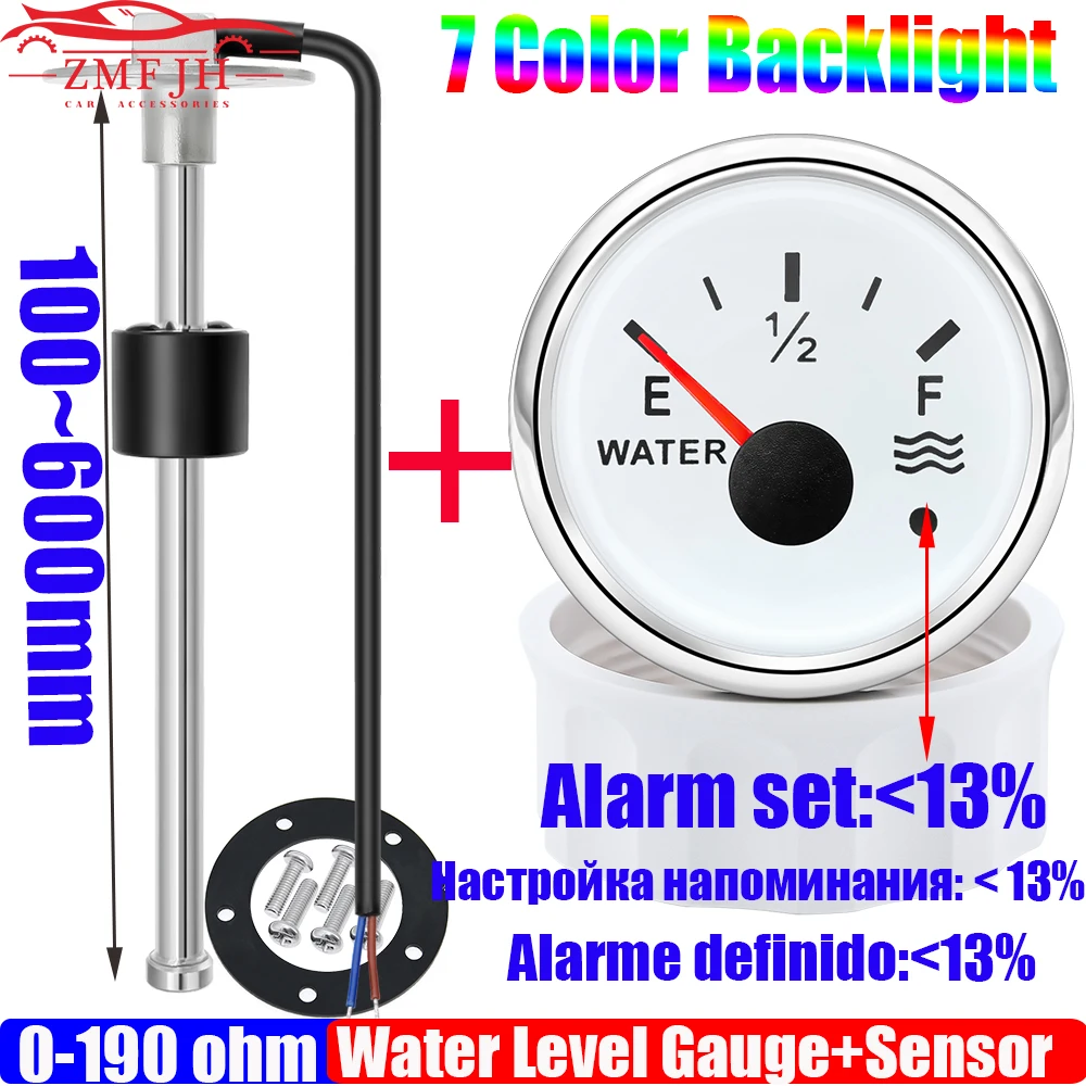 

0-190 ohm 52mm Water Level Gauge with Flash Alarm 7 Color Backlight 100~550mm Water Level Float Sensor for Auto Car Boat 12V24V