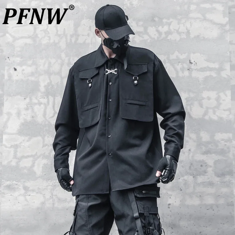 

PFNW Men's Autumn Darkwear Niche Functional Metal Buckle Design Multi Pockets Shirt Handsome Punk Tide Chic Tactical Top 12Z4825