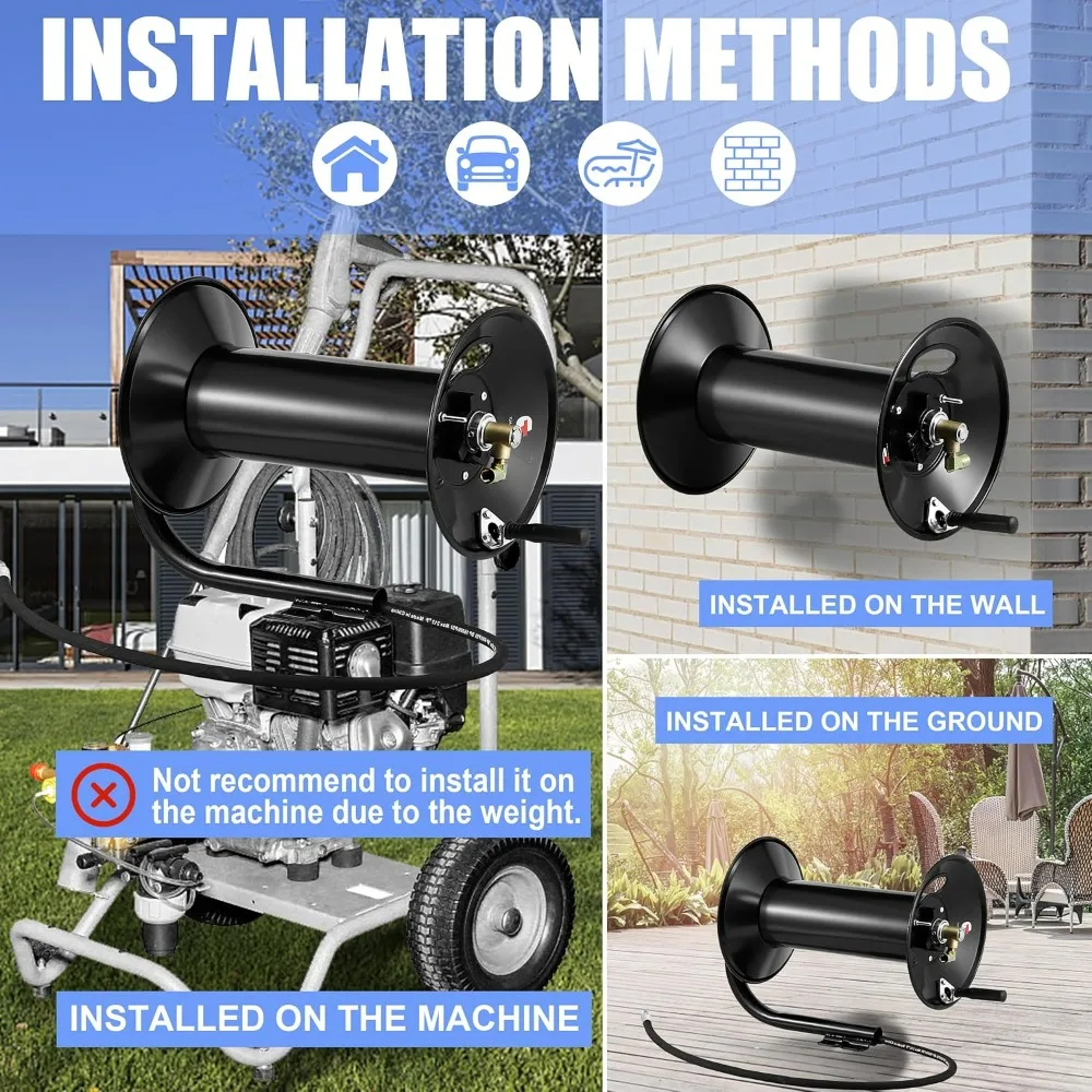 Heavy-Duty 300-Foot Steel Power Washer Hose Reel with Hand Crank and 4000 PSI Rating