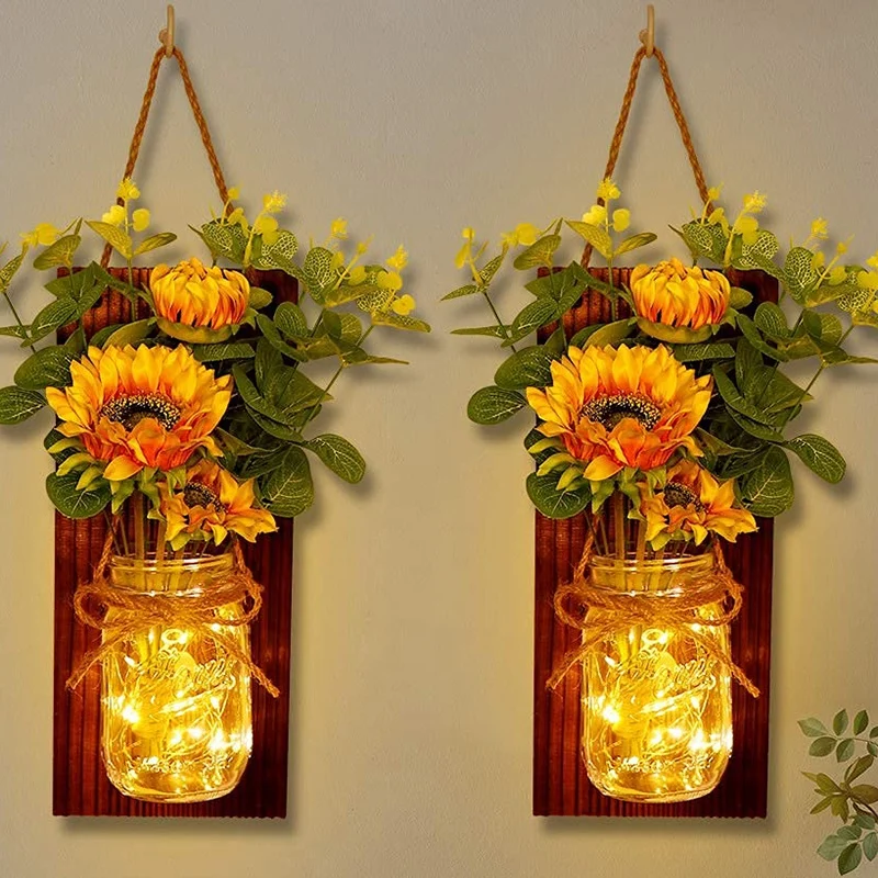 

New Set Of 2 Sunflower Jar Sconces Wall Decor, LED Fairy Lights For Home Kitchen Living Room House Decorations Lights