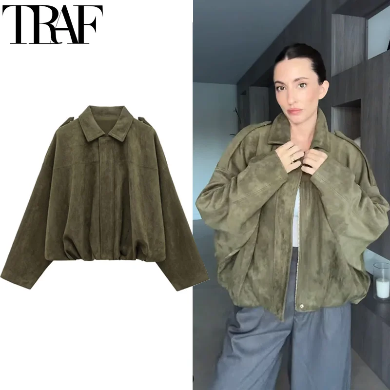 TRAF 2025 Women's Jackets Cropped Suede Jacket Women Demi-Season Bomber Jackets Long Sleeve Coats Oversize Zipper Solid Coats