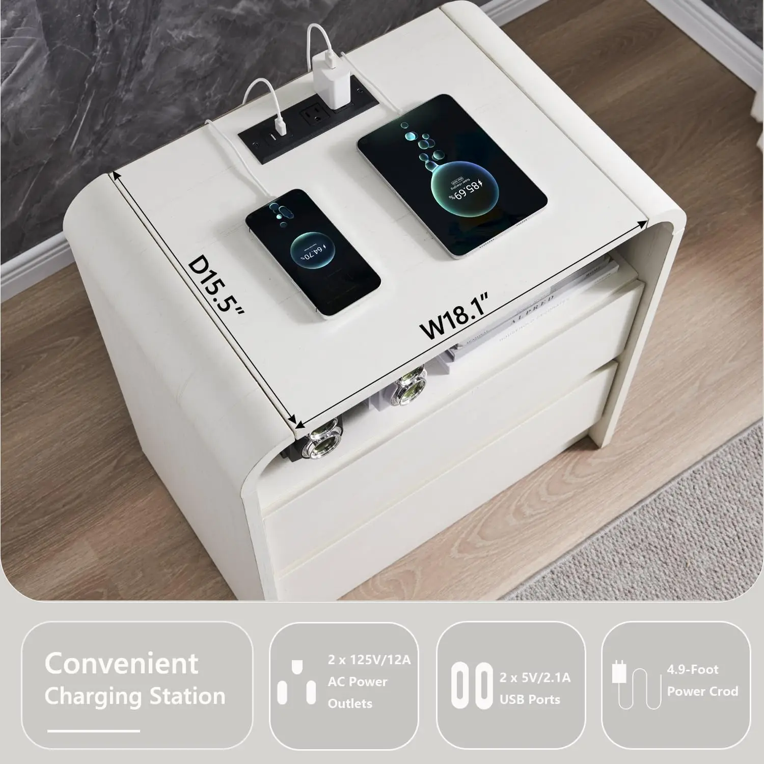 25" Tall Modern Nightstand with Charging Station, 23.6'' Wide Wood Bedside Table w/2 Storage Drawers,for Bedroom, Living Room 5