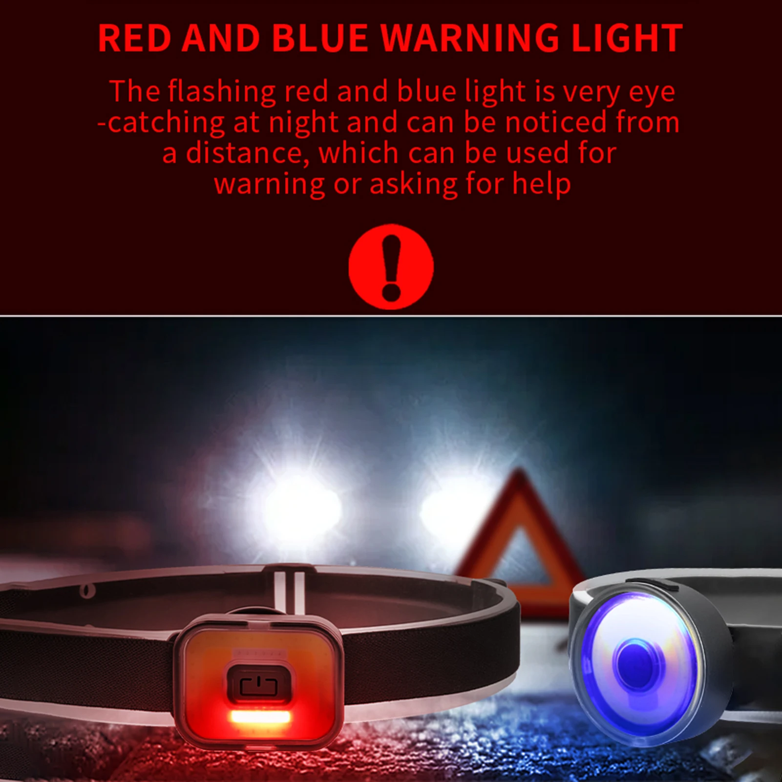 Rechargeable Headlight USB Charging COB Headlamp Portable Mini Light with Red Blue Warning Light