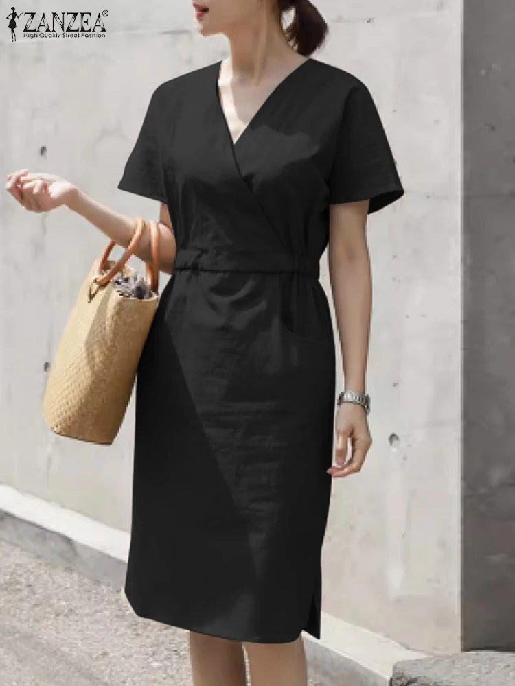 

ZANZEA 2023 Fashion Summer Sundress Women Elegant Work Dress Solid OL Knee-length Vestidos V Neck Short Sleeve Party Robe Kaftan