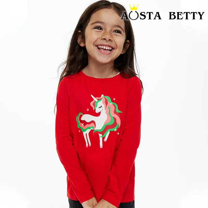 

European Style Children's Long Sleeve T-shirt Cute Unicorn Print Round Neck Jumper Autumn Baby Style Top