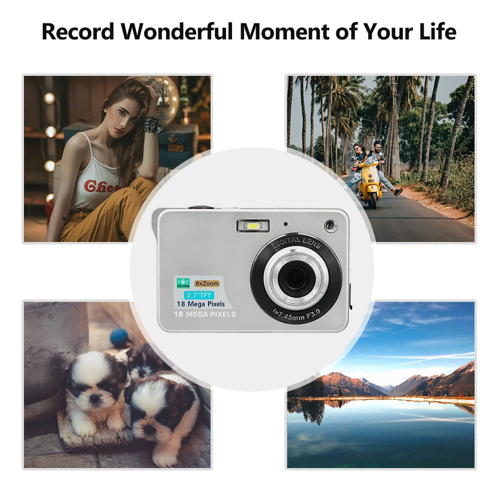 Portable Digital Camera 720P Video Camcorder 18MP Photo 8X Zoom Anti-shake 2.7 Inch Large TFT Screen USB Charge with Carry Bag