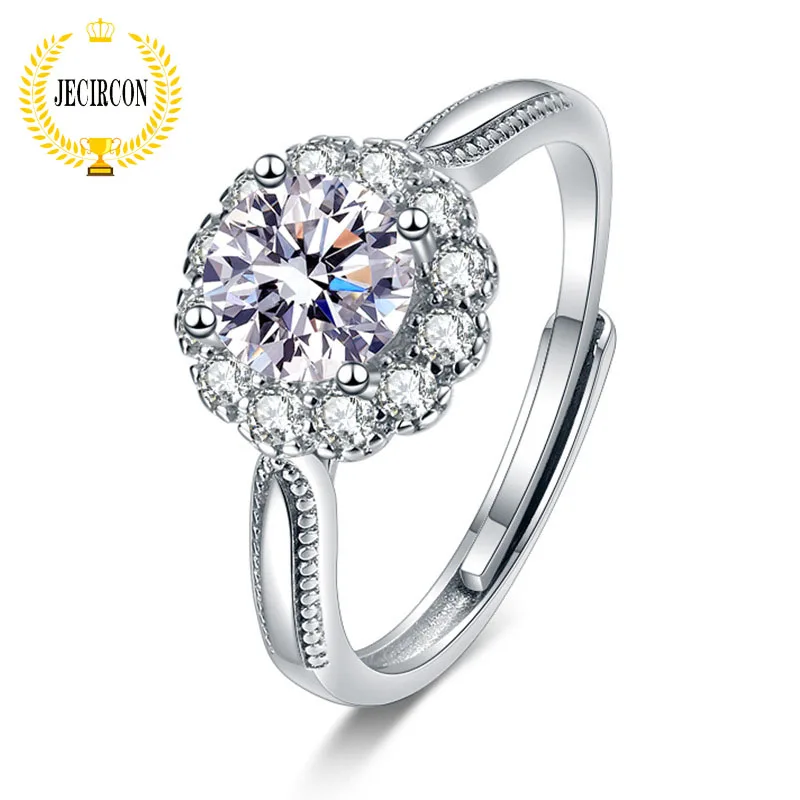 

JECIRCON 925 Sterling Silver Moissanite Ring for Women Fashion Personality 1 Carat Simulation Diamond Sunflower Engagement Band