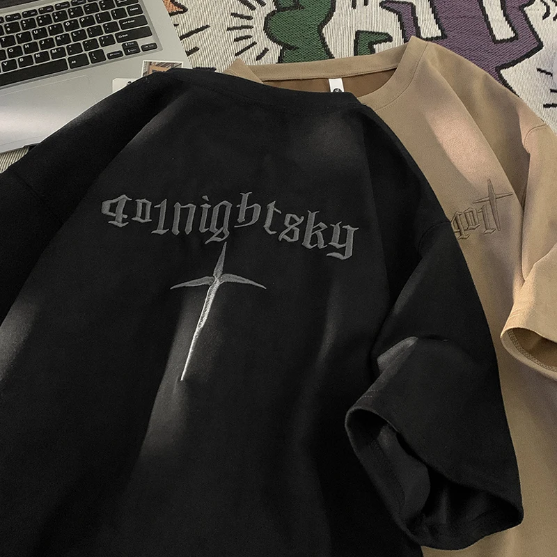 Suede Letter Embroidered T-shirts For Men High Street Vintage Drop Shoulder Oversized cotton t shirts