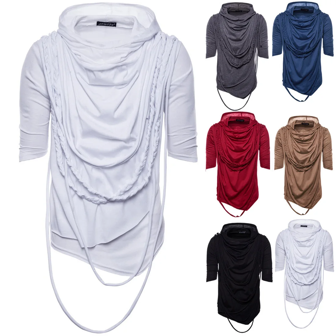 

Men Hip Hop Nightclub DJ T Shirt Tassel Irregular Design Punk Rock Streetwear Men Gothic Style Hooded Tee Shirts Top Clothes