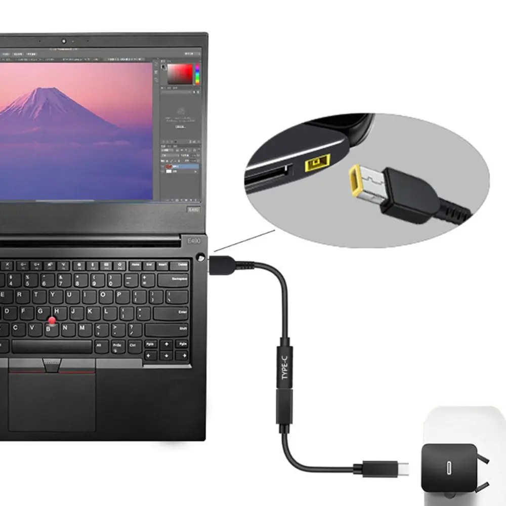 노트북 USB-C 65W PD 충전기 타입-C 여성형 스퀘어 슬림 팁 전원 코드 충전 케이블 레노버 요가 2 프로 13 씽크패드용