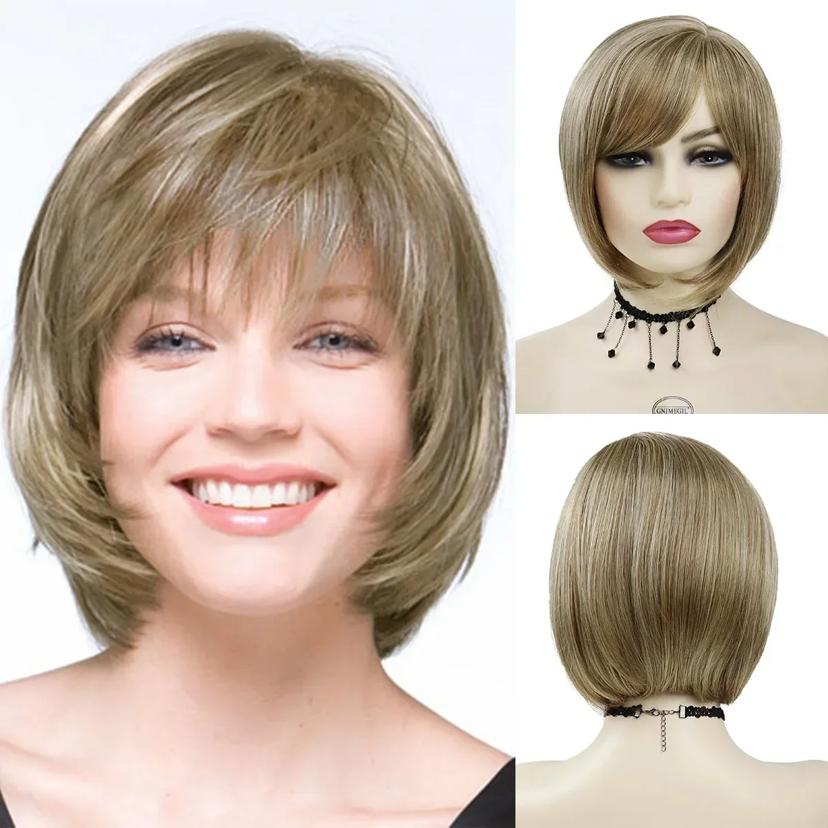 

GNIMEGIL Synthetic Short Blonde Wig for Women Straight Hair Bob Wig with Bangs Natural Soft Daily Cosplay Halloween Lolita Party
