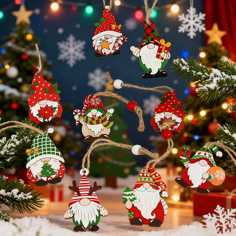 12pcs Christmas Gnome Wooden Pendant Xmas Tree Hanging Ornaments 2025 Navidad Party Decoration for Home 2026 New Year Kids Gift
