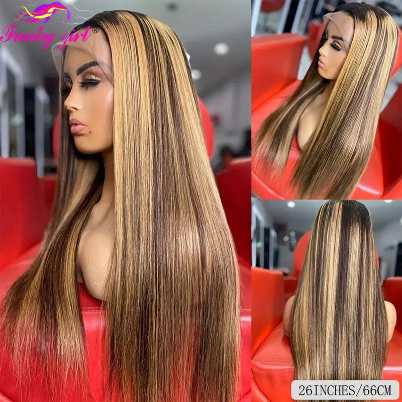 Honey Blonde Ombre Lace Front Wig Highlight Straight Human Hair Wig 13x4 HD Transparent Lace Frontal Wigs Human Hair Pre-Plucked