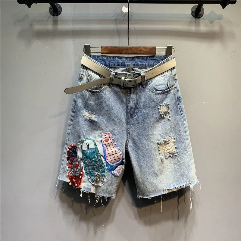 

Spring Summer Fashion Jeans Personality Patch Beading Hole Raw Edge Half Length Denim Pant Female Straight Streetwear Trousers