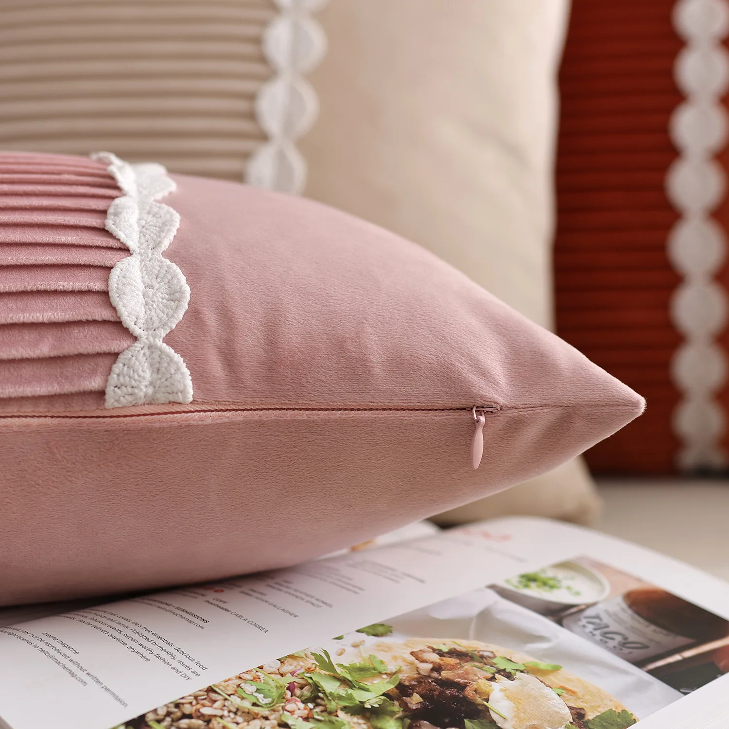 Geknitterte Patchwork-Spitzenkissenbezüge mit Streifenmuster, weiche Samt-Luxus-Dekokissenhüllen für Heimdekoration, Bett, Sofa – Detail 8