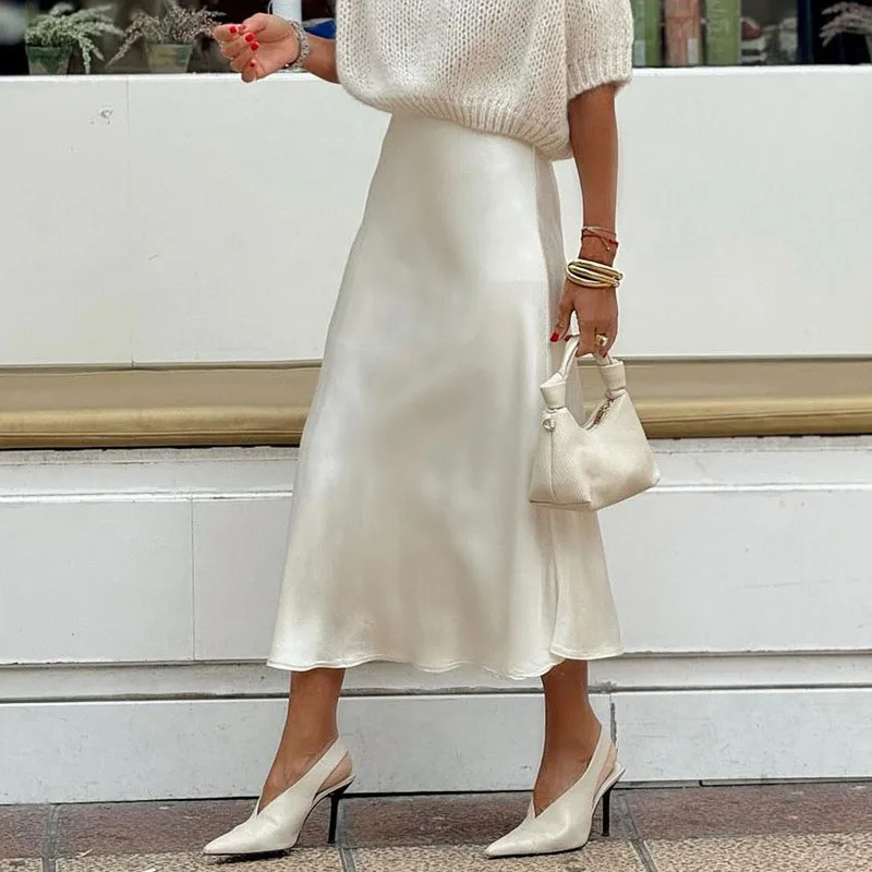 

Женские элегантные атласные юбки с высокой талией, весна 2024, модные однотонные драпированные юбки-годе, летние облегающие длинные юбки