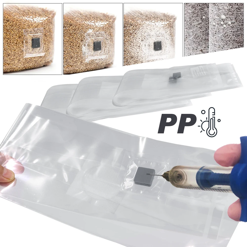 10pcs PP Sterilized Hydrated Grain Bag w/Self-Healing Injection Port 0.2μm Filter Patch Autoclaving Substrate Mushroom Spawn Bag 2