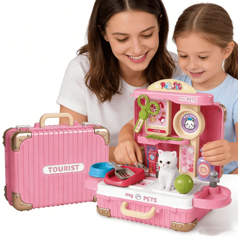 Children's Pet Care Play Set with Toy Cat and Storage Backpack, Perfect