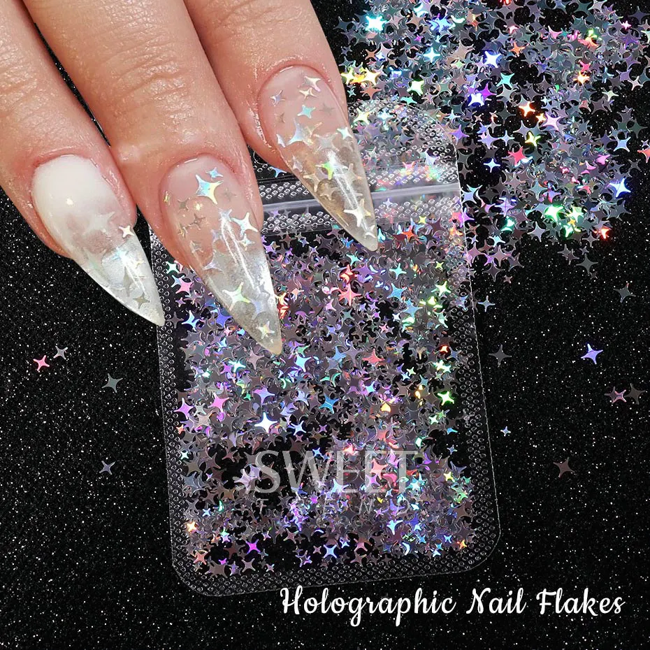 Holographic Star Four-pointed Star Nail Paillettes Sparkly Laser Design Sequin Charm Glitter Flake Shinning Manicure Decor Slice 3