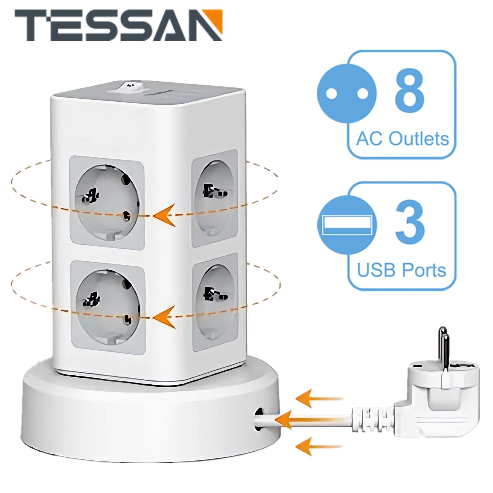 Presa Di Prolunga Per Spina Ue Tessan Con Cavo Di Prolunga Da 2M, Prolunga Per Presa Di Corrente A Torre Con Prese Multi Ac 3 Porte Usb