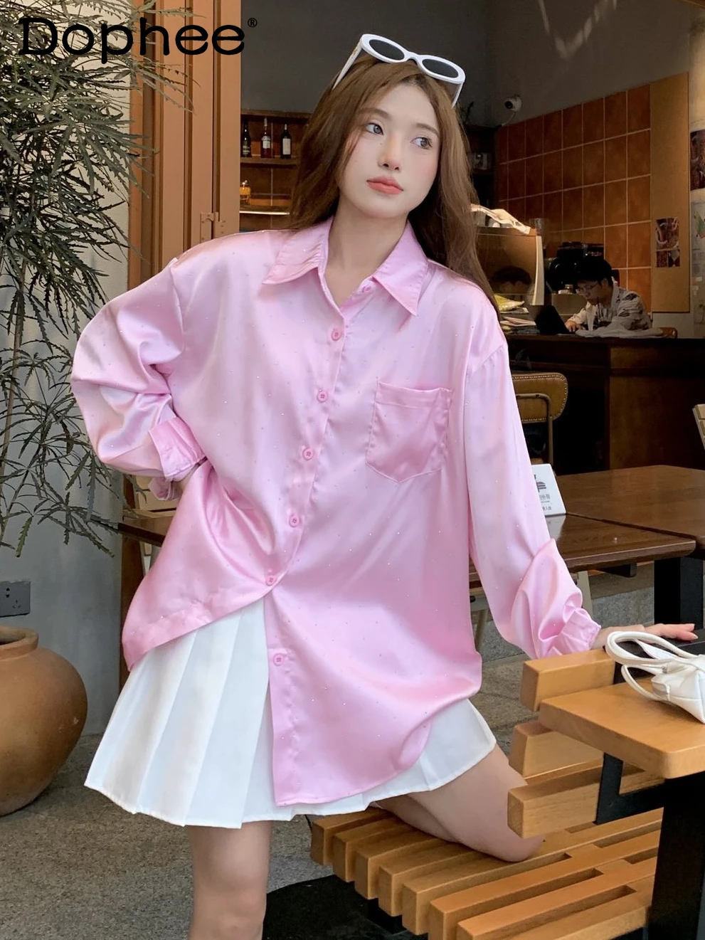 

Женская атласная рубашка с длинным рукавом, розовая Свободная блузка в Корейском стиле, весна-лето 2024