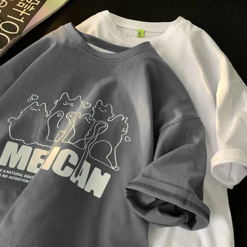 200g heavy tops summer cotton woman clothes couple t-shirt all-match with the same style American short sleeved 2022 Y2k Print