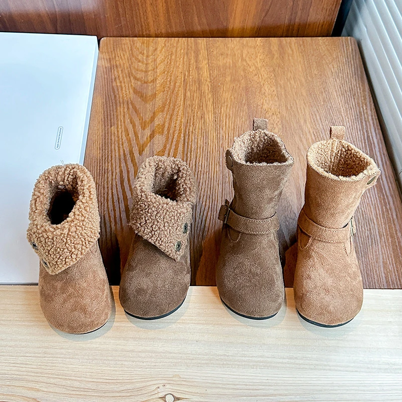 Kids Leather Boots Versatile Round Toes Girls Princess Boots Suede Warm 2025 Winter Children Fashion Boots Casual Two-way Wear