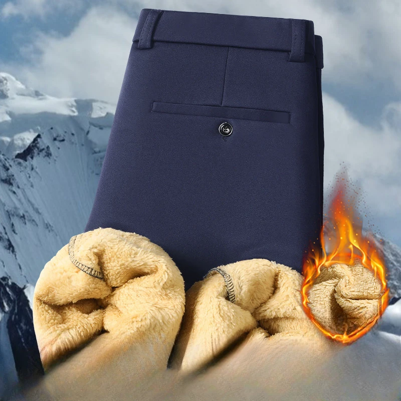 29-42 Men Winter Thick Business Casual Suit Pants Warm Fleece Solid Casual Straight Trousers Elastic Slim Fit Formal Dress Pants 3